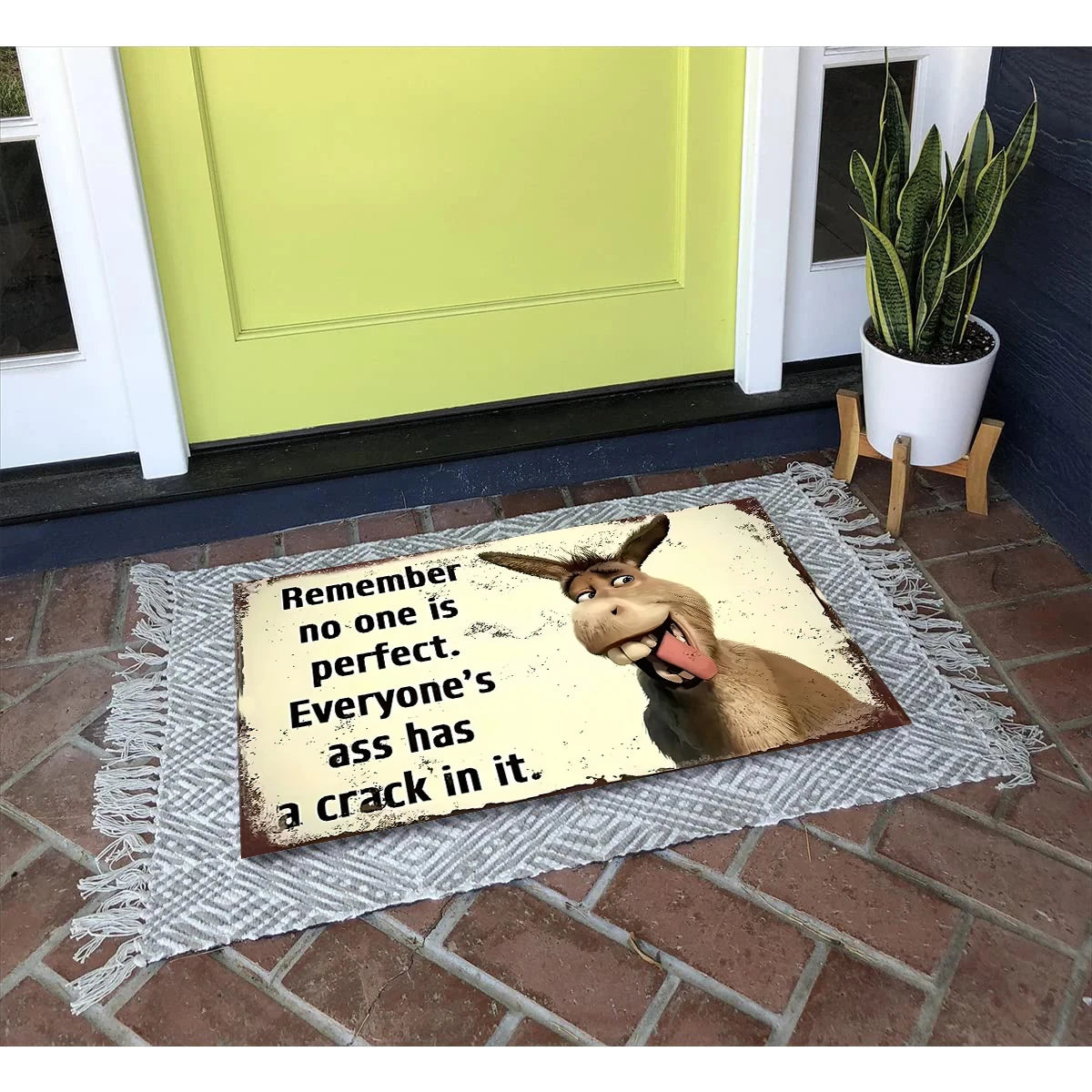 tapis d'entrée antidérapant âne souriant humour moderne beige clair marron clairintérieur extérieur