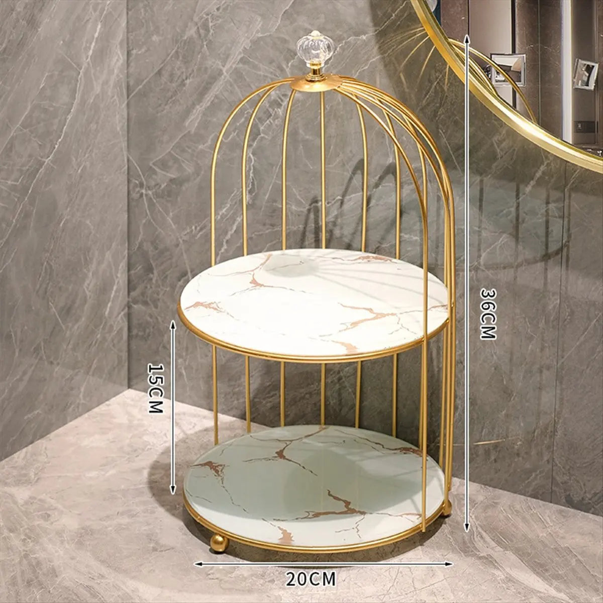 rangement cage oiseaux deux niveaux or marbre blanc marron bleu violet modernes plateaux cosmétiques
