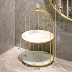 rangement cage oiseaux deux niveaux or marbre blanc marron bleu violet modernes plateaux cosmétiques