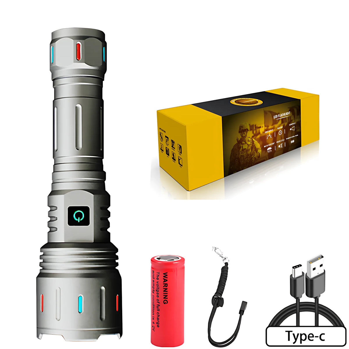 lampe torche tactique noire 2000 lumens 30w 1500m étanche ipx6 zoom led rechargeable usb