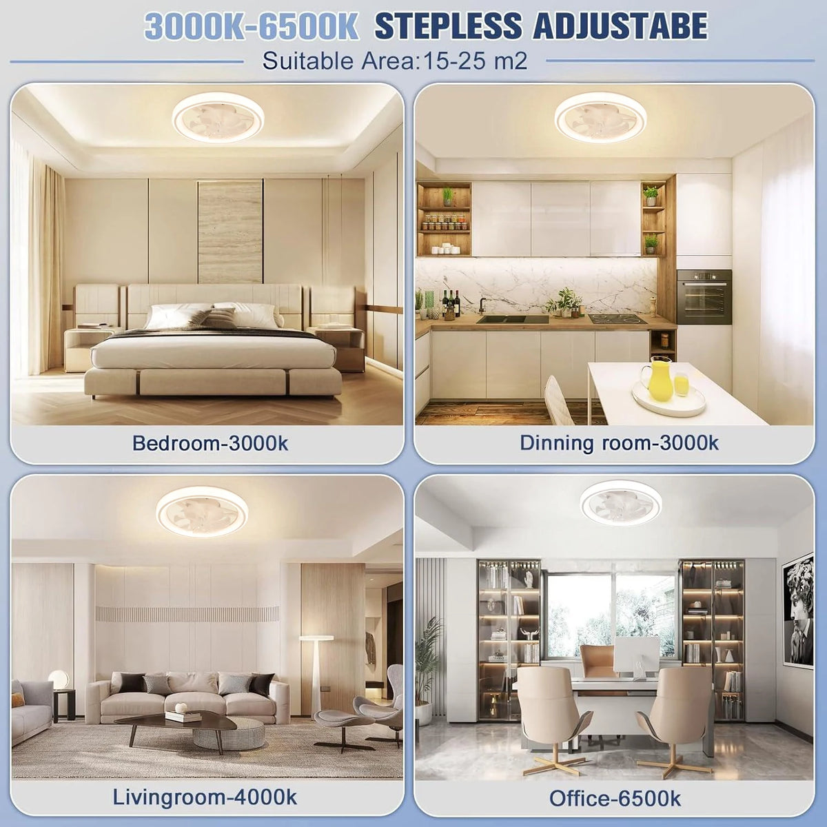 ventilateur lumière led blanc floral moderne vitesses éclairage ajustable 3000k 6500k