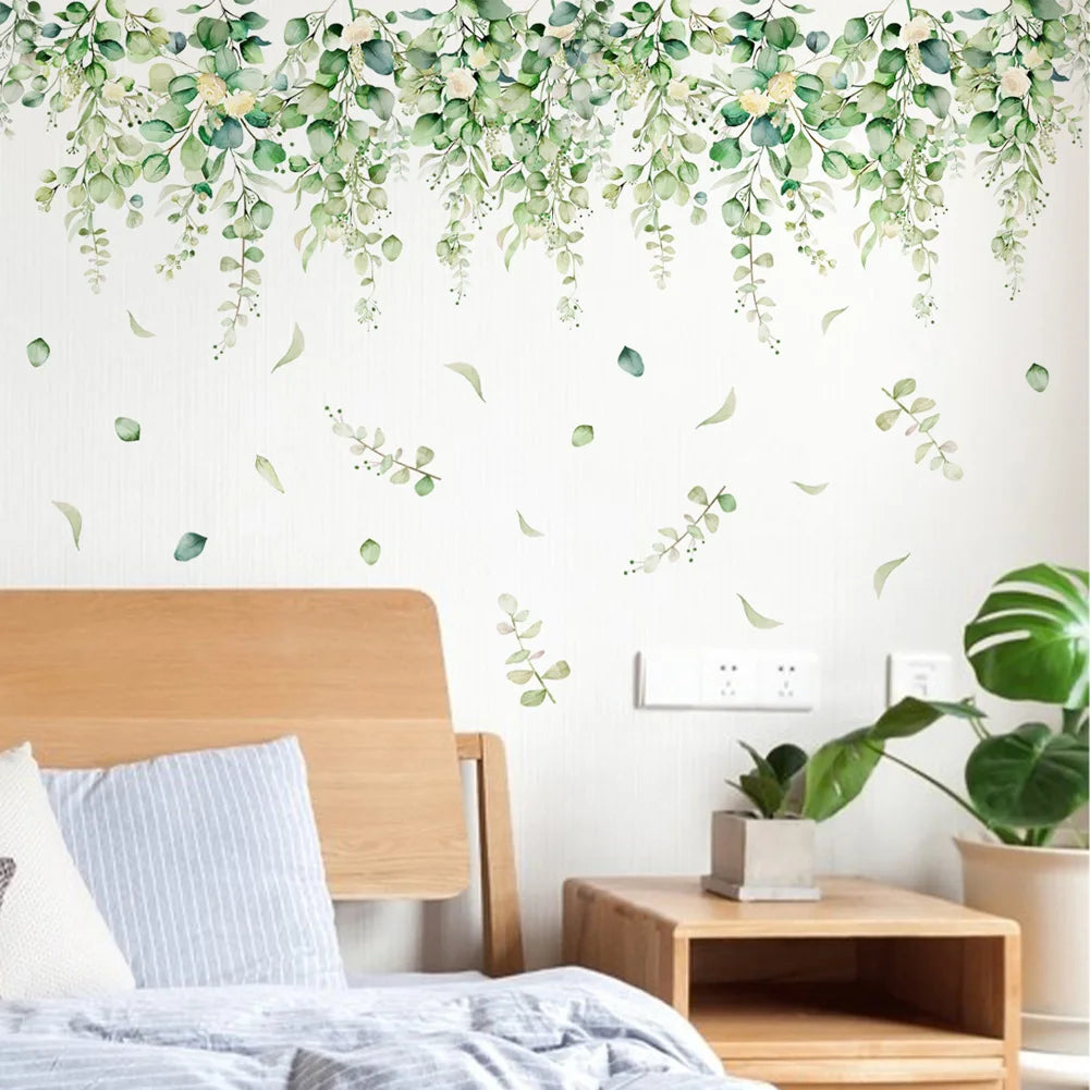 sticker mural adhésif feuilles botanique moderne naturel 71cm 88cm vert aquarelle chambre salon