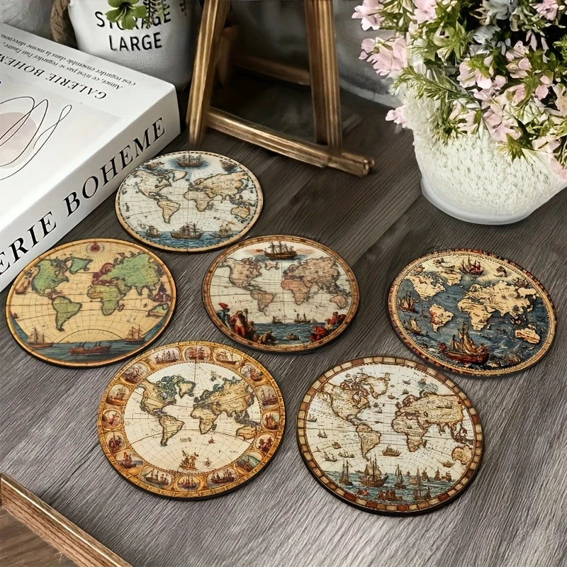 coasters vintage carte monde ancienne motifs decoratifs bois respectueux environnement beige marron bleu vert