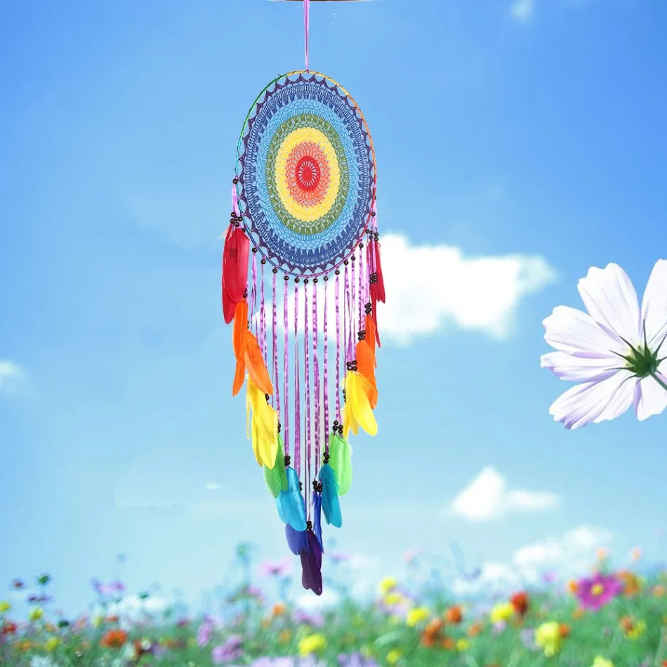 attrape rêves bohème multicolore plumes crocheté tringle décoration chambre salon