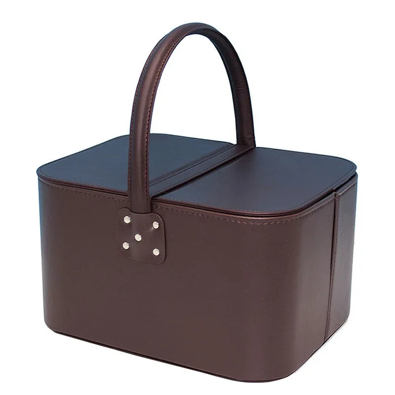boîte maquillage simili cuir rouge marron noir bleu classique poignée portable organisateur utilitaire