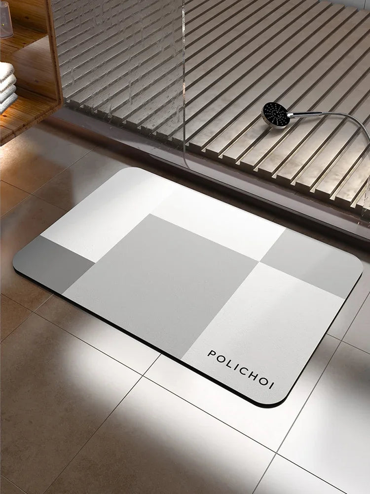 tapis bain moderne carreaux géométriques gris clair gris foncé beige clair vert pastel résistant