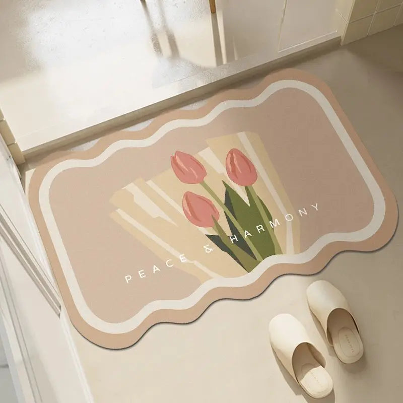 tapis sol moderne minimaliste fleurs tulipes marguerites peace harmony beige rose clair vert gris
