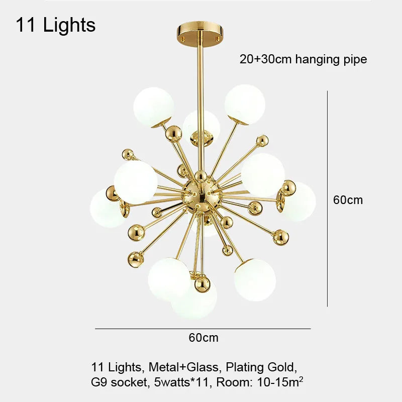 suspension lumineuse moderne or blanc 18 lumières structure radiale scandinave