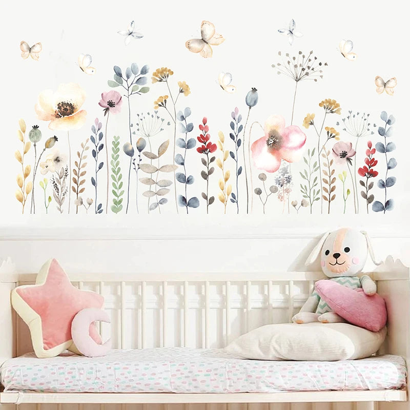 sticker mural floral multicolore illustration adhésif papillon deco maison chambre salon