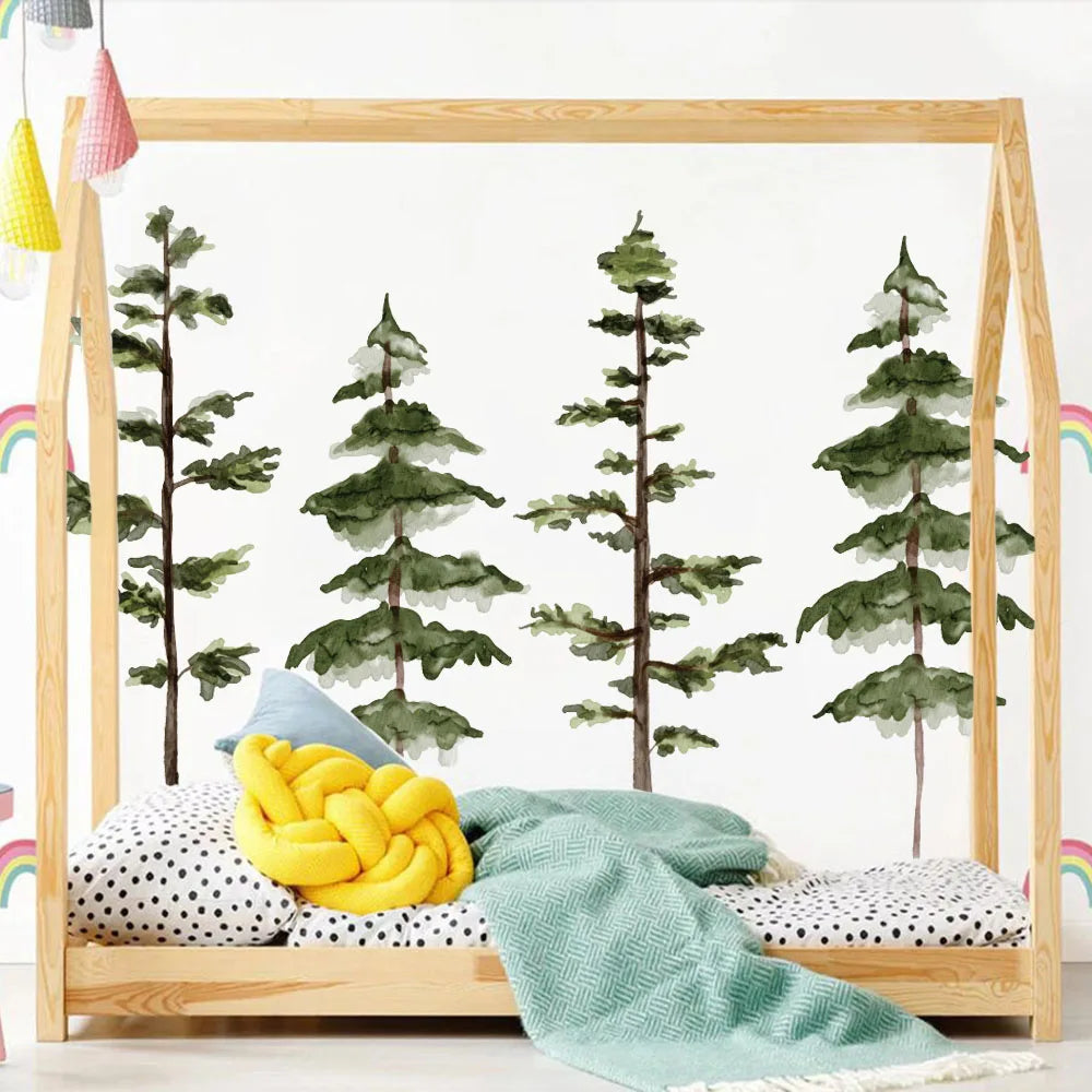 sticker mural arbres stylisés vert brun adhésif décoration intérieure naturelle salon chambre coucher