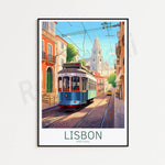 Une rue pittoresque de Lisbonne avec un tramway bleu, des bâtiments colorés et la silhouette d'une église en arrière-plan.