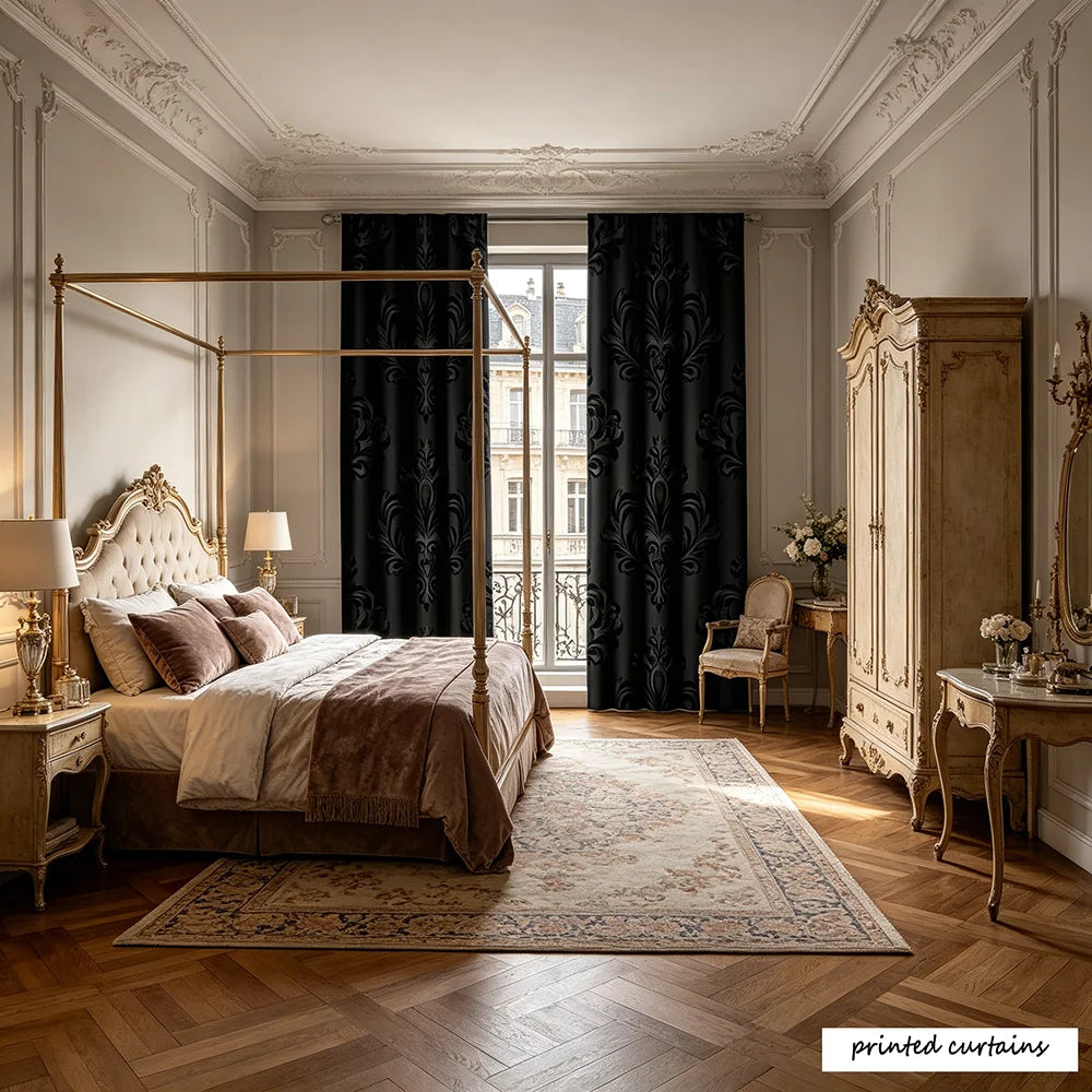 rideaux noir ornements floraux classique salon opaques polyester