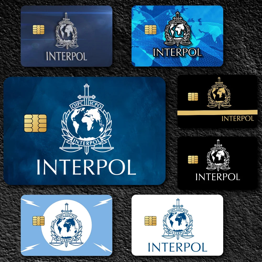stylo bille bleu interpol logo globe épée carte bancaire