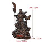 statue décorative traditionnelle asiatique guerrier armure base motif ondulés pièces monnaie chinoises