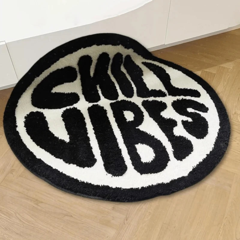 tapis rond polyester chill vibes antidérapant moderne salon chambre noire blanche
