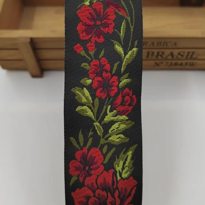 ruban polyester fleurs brodées noir rouge vert 2cm 3.3cm 5cm opacité broderie 5mètres tissu