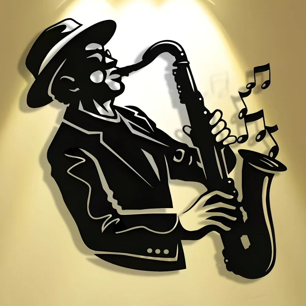 tableau mural noir saxophoniste illustration musicale art populaire décoration salon chambreOpaque 30cmx30cm