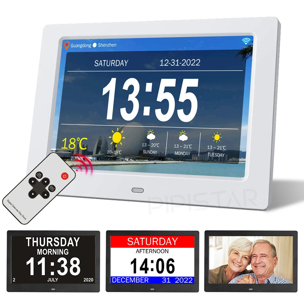 calendrier numérique horloge cadre photo écran tactile wi fi bluetooth mp3 moderne blanc noir