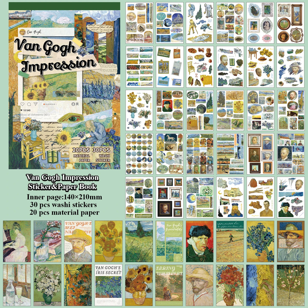 livre artistique van gogh impressions autocollants floral vert jaune blanc vintage.pages imprimees reproductions obras
