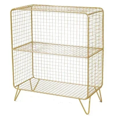 étagère moderne or gris métal maille trois niveaux livres plantes horloge lampe panier