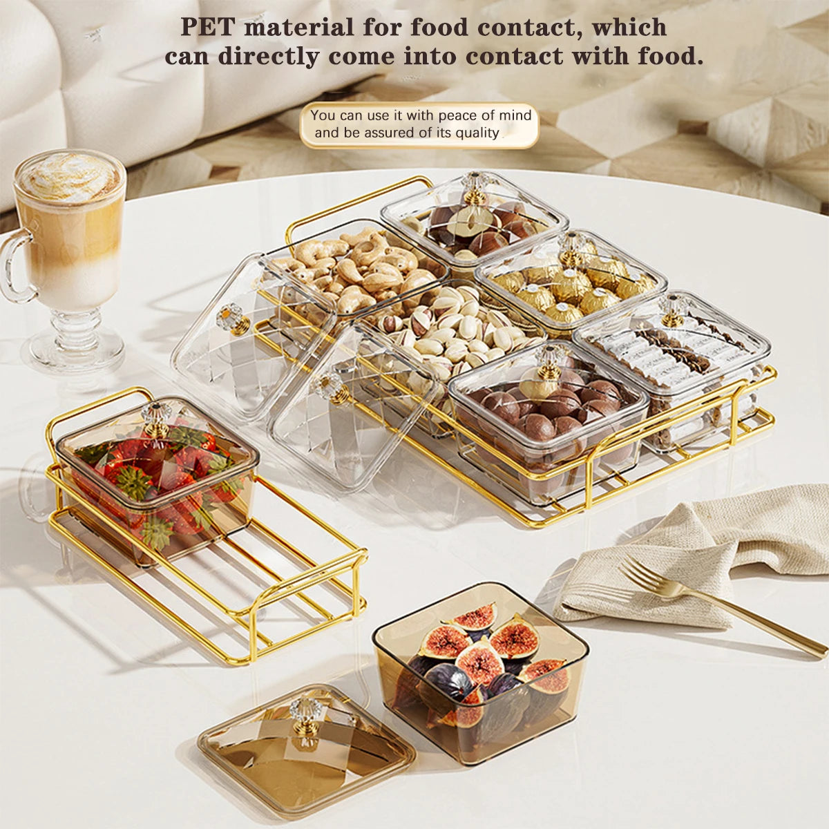 plateau compartimenté moderne transparent boîtes alimentaires réutilisables cadre métal doré élégant