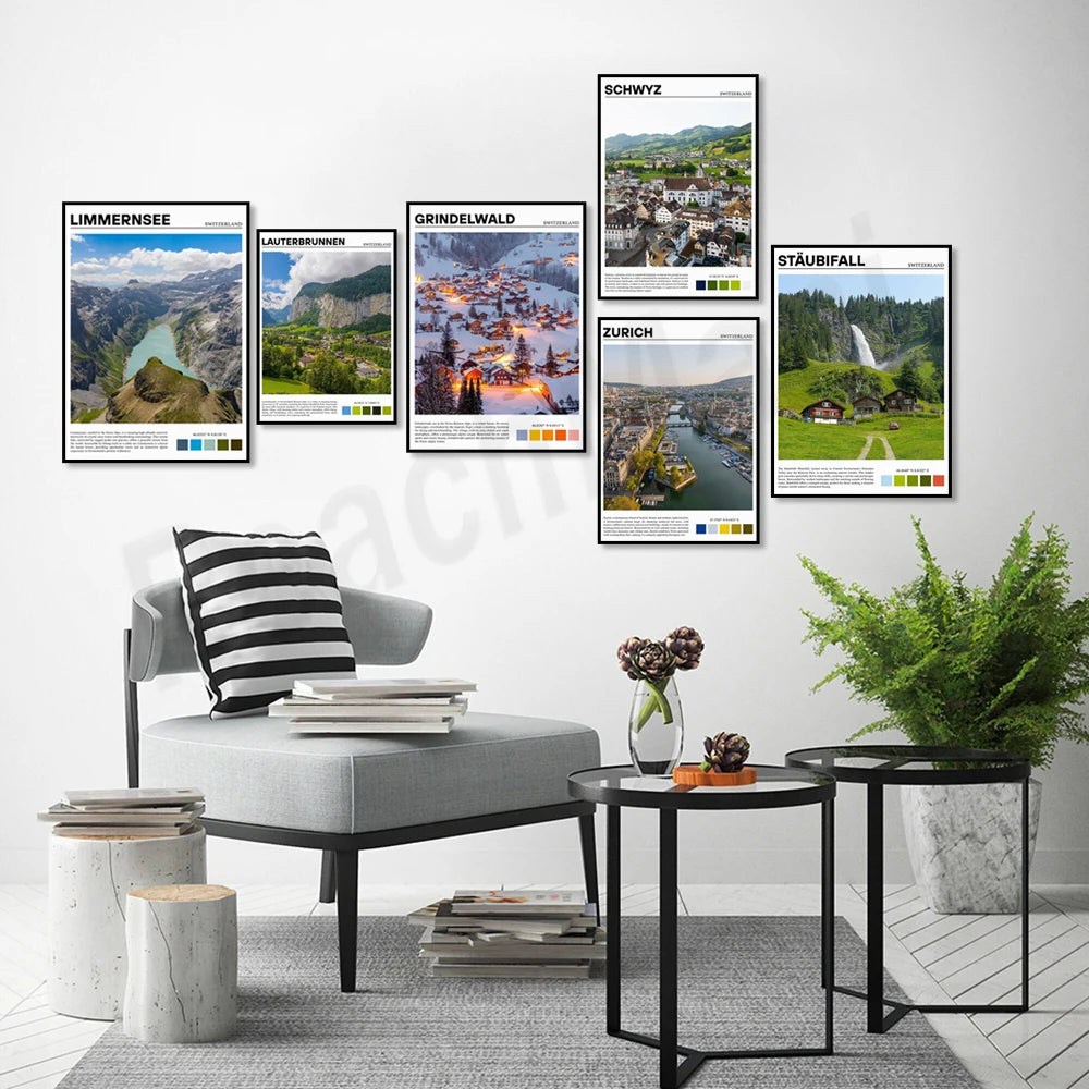 Série d'affiches touristiques illustrant des paysages naturels et urbains de Suisse, comme le Limmern, Lauterbrunn, Grindelwald, Zurich et le Staubifall, avec des informations sur ces destinations.