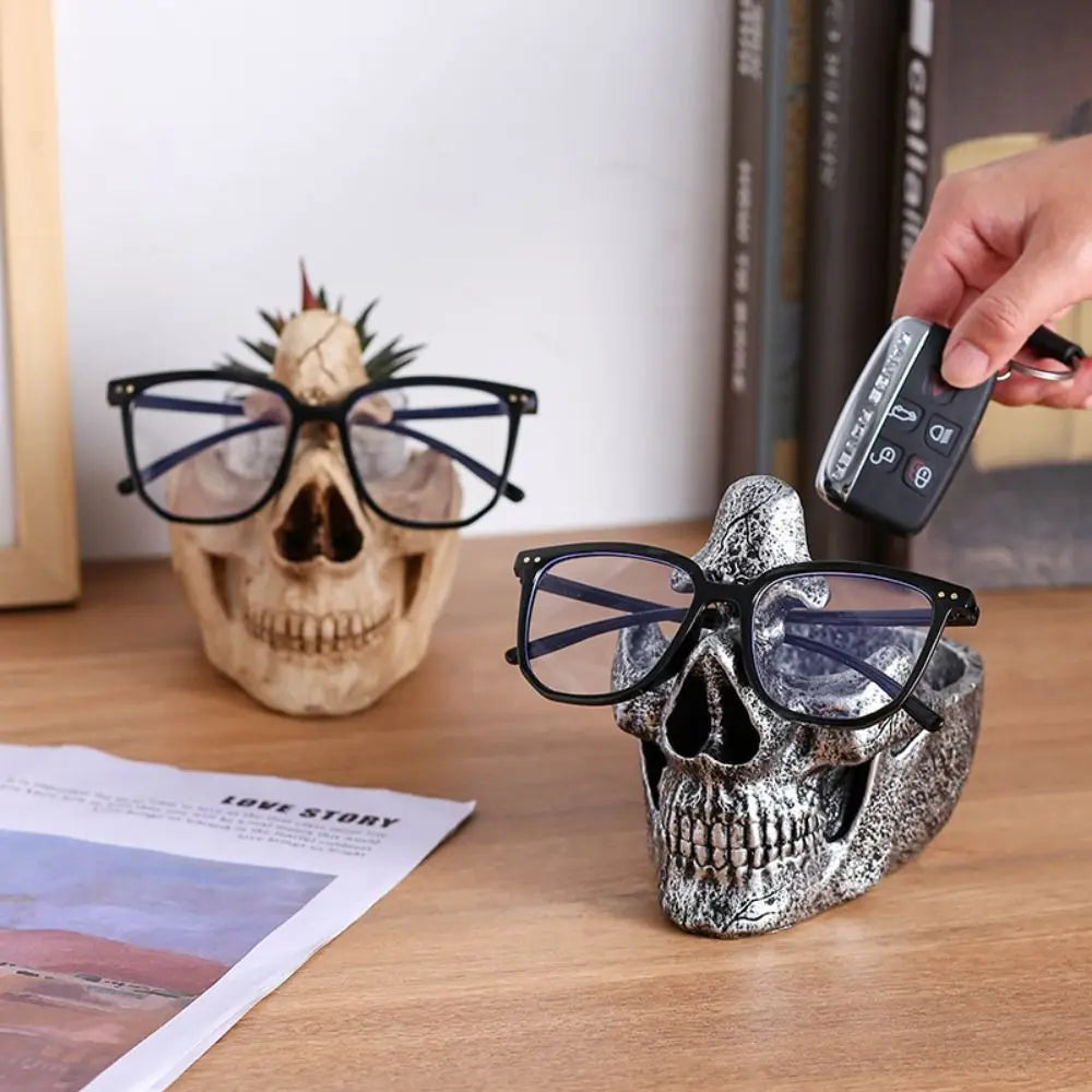 présentoir lunettes crâne sculpté beige gris métallisé artisanal décoration pot cactus rangement porte