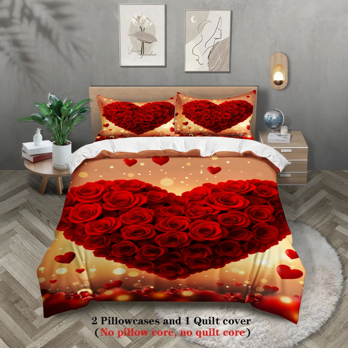 ensemble literie rouge coeurs roses moderne taies doreiller beige adultes chambre coucher