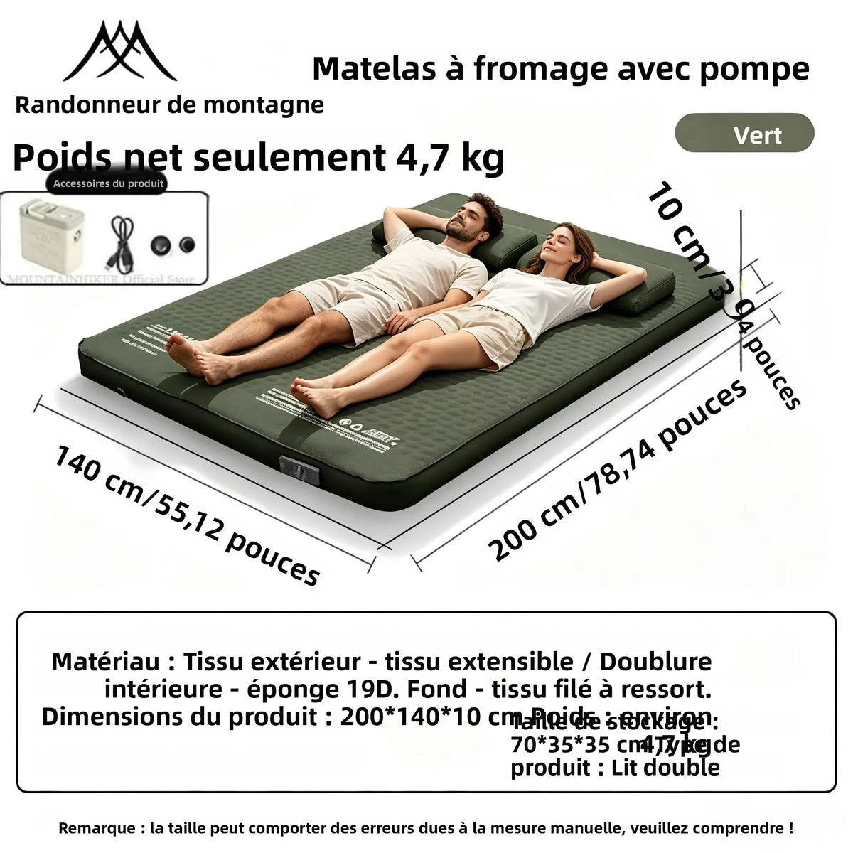 matelas gonflable double coussins gonflables pompe électrique noir vert beige cellules hexagonales camping randonnée