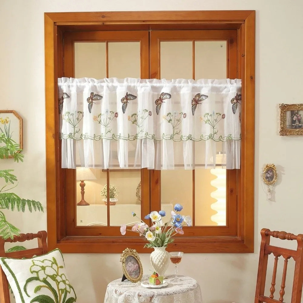 rideau brodé fleurs papillons bleu clair blanc transparent classique polyester