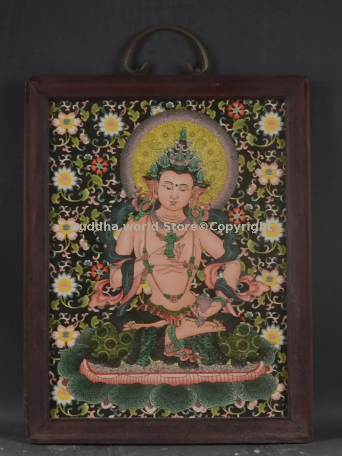 tableau art bouddhiste tibétain figure couleur noire jaune verte rouge blanche rose motifs floraux