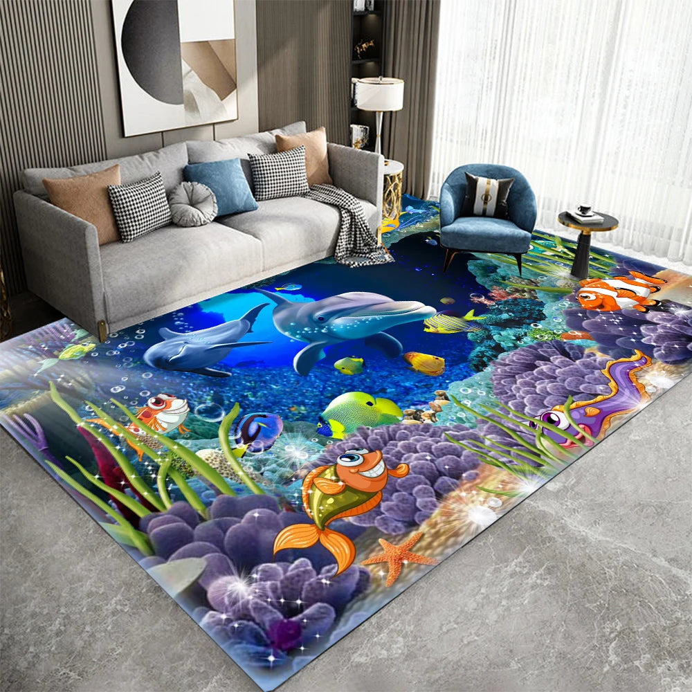 tapis salon chambre moderne motif marin dauphin poisson corail bleu décoratif lavable polyester rectangulaire