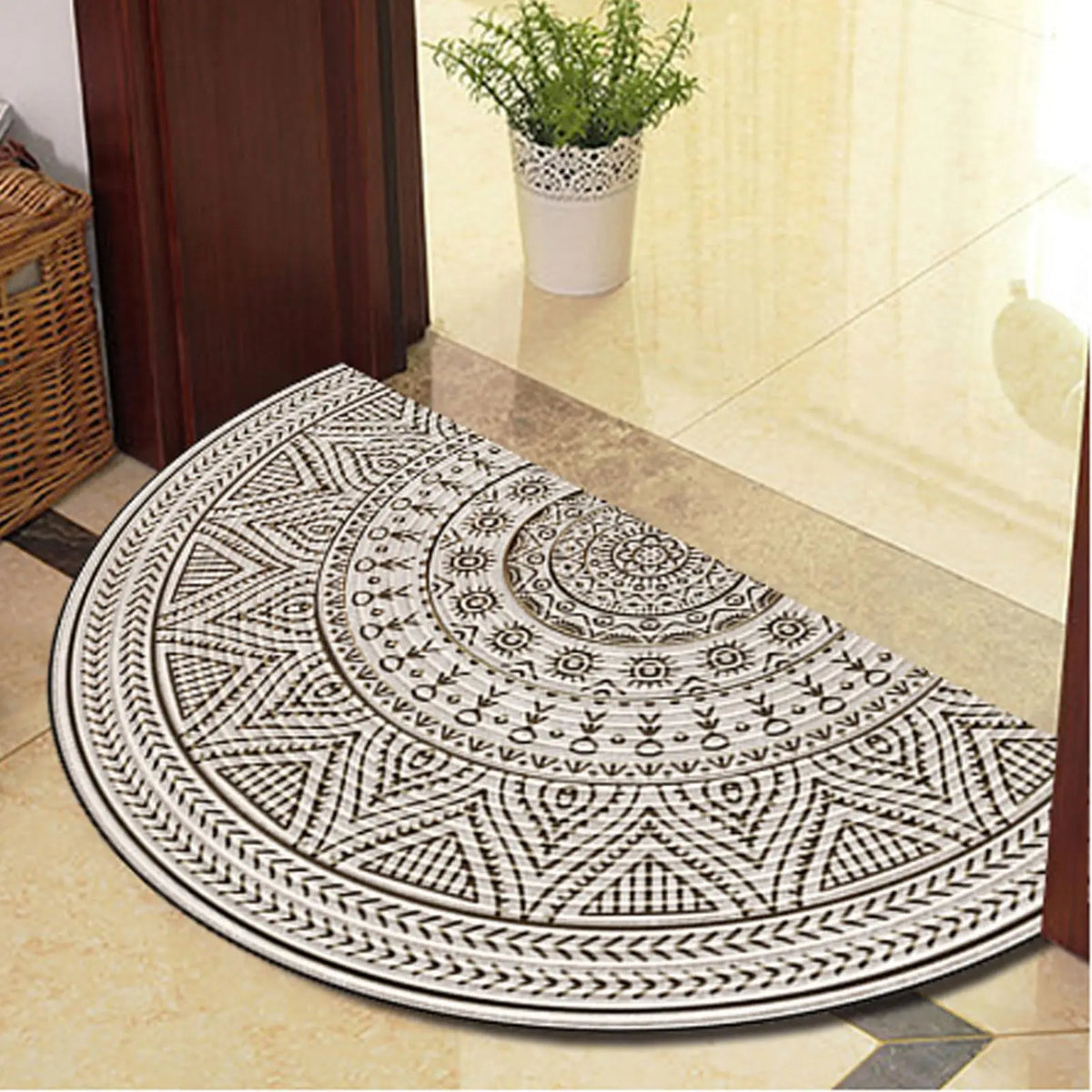 tapis demi cercle motif floral ethnique imperméable antidérapant polyester blanc bleu