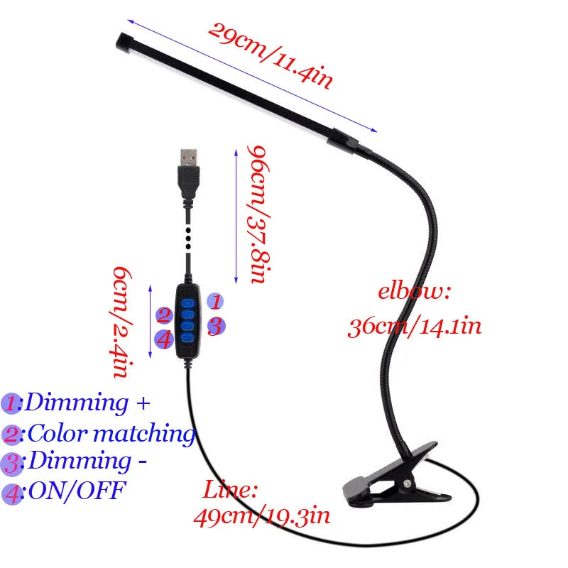 lampe flexible led noir pince usb 10 niveaux luminosité moderne adjustable interrupteur