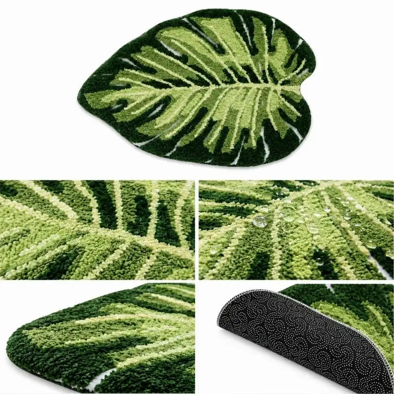 tapis sol vert blanc feuille monstera texture moelleuse moderne antidérapant adhésif salon chambre