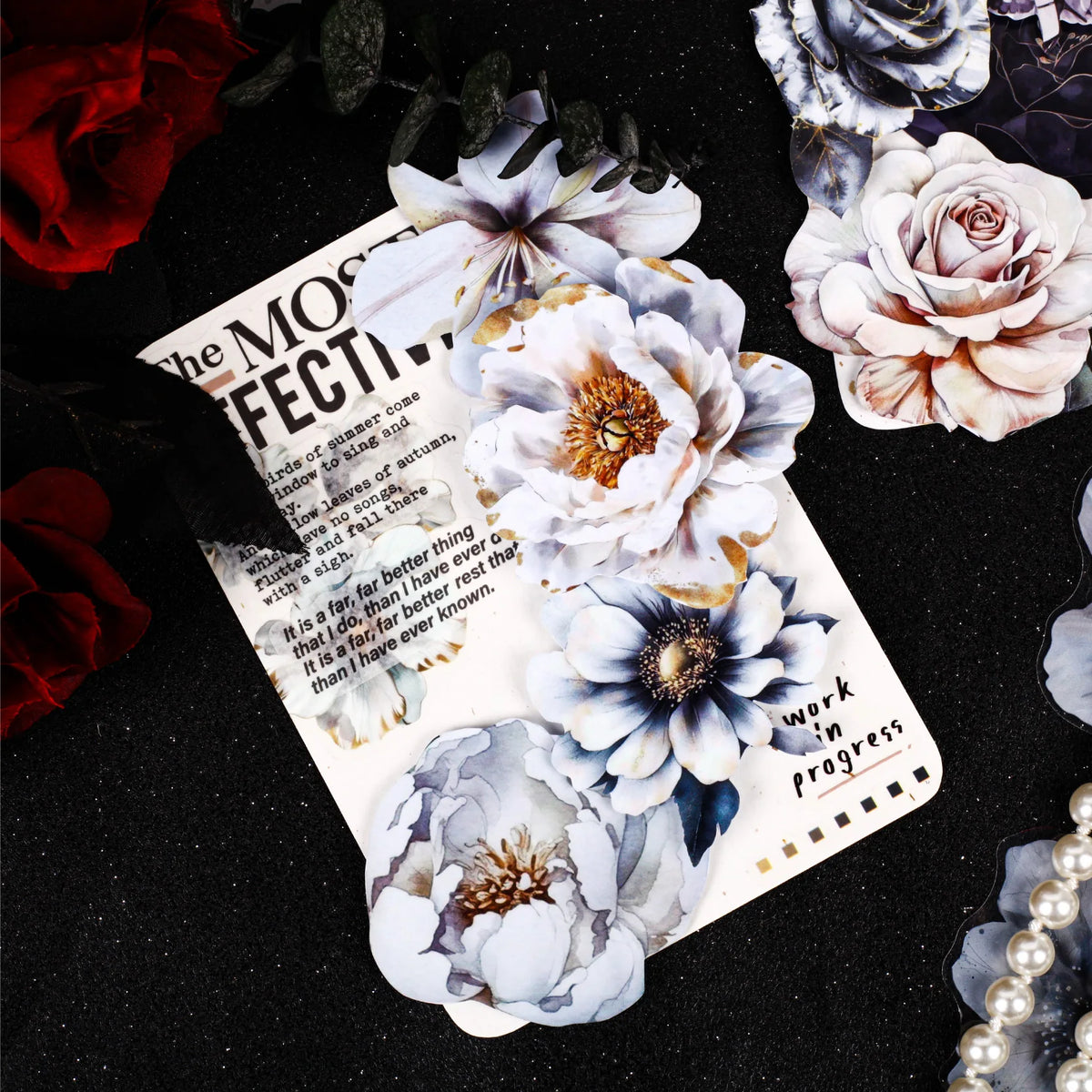 autocollants fleurs anémones roses adhésif bleu blanc doré élégants scrapbooking collage