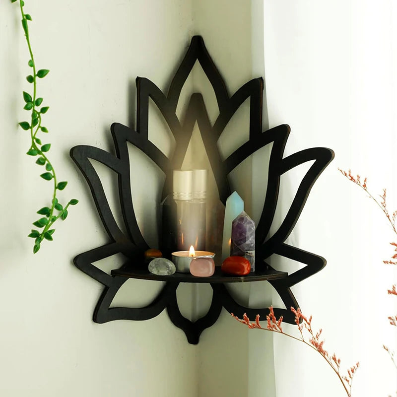 étagère murale moderne étagère flottante noir fleur lotus vase bougie parfumée plante artificielle pierre