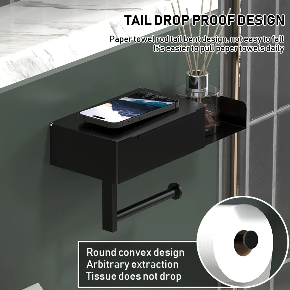 rangement mural moderne noir blanc salle bain porte papier toilette support smartphone éléments diffuseur