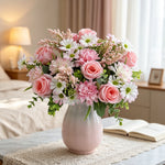 Bouquet artificiel fleurs soie rose blanc bleu orange feuilles vertes décoration mariage anniversaireextérieur classique