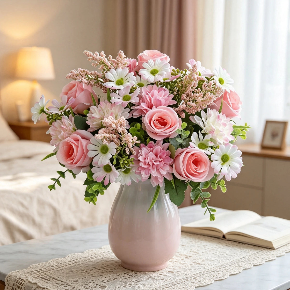Bouquet artificiel fleurs soie rose blanc bleu orange feuilles vertes décoration mariage anniversaireextérieur classique