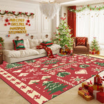 Le salon est décoré pour Noël avec un arbre illuminé, des guirlandes de Noël et des coussins aux motifs festifs, créant une atmosphère chaleureuse et accueillante.