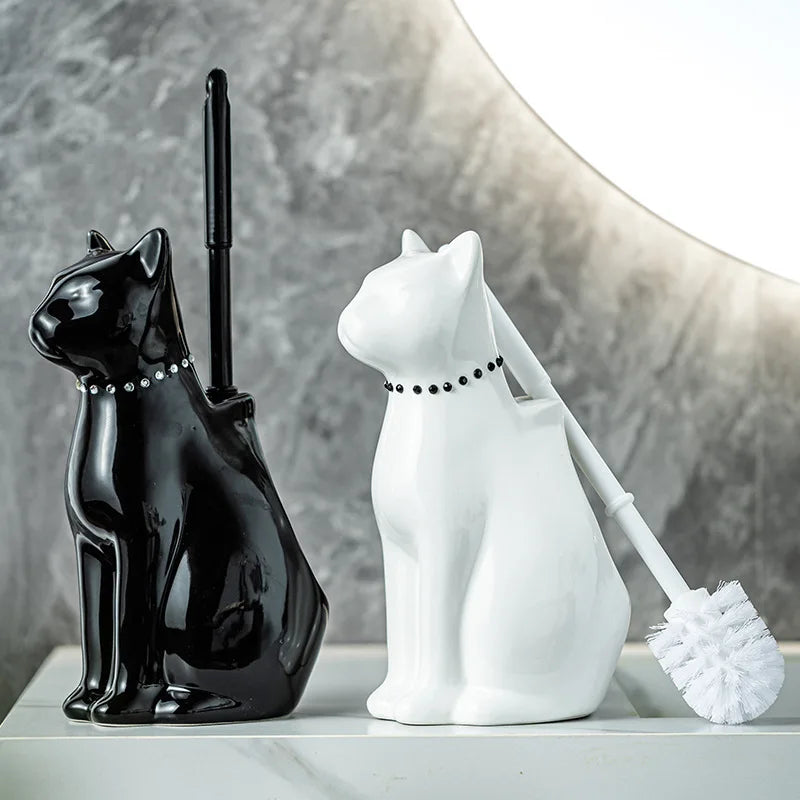 brosse toilette céramique forme chat noir blanc moderne élégante salle bains fun quotidien