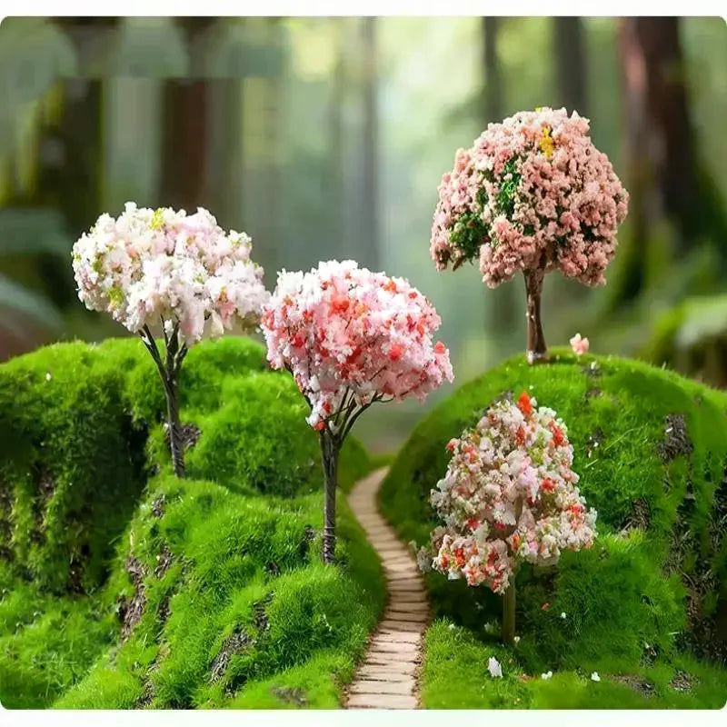 miniatures arbres fleurs artificielles vert rose jaunes décoratives jardin féerique