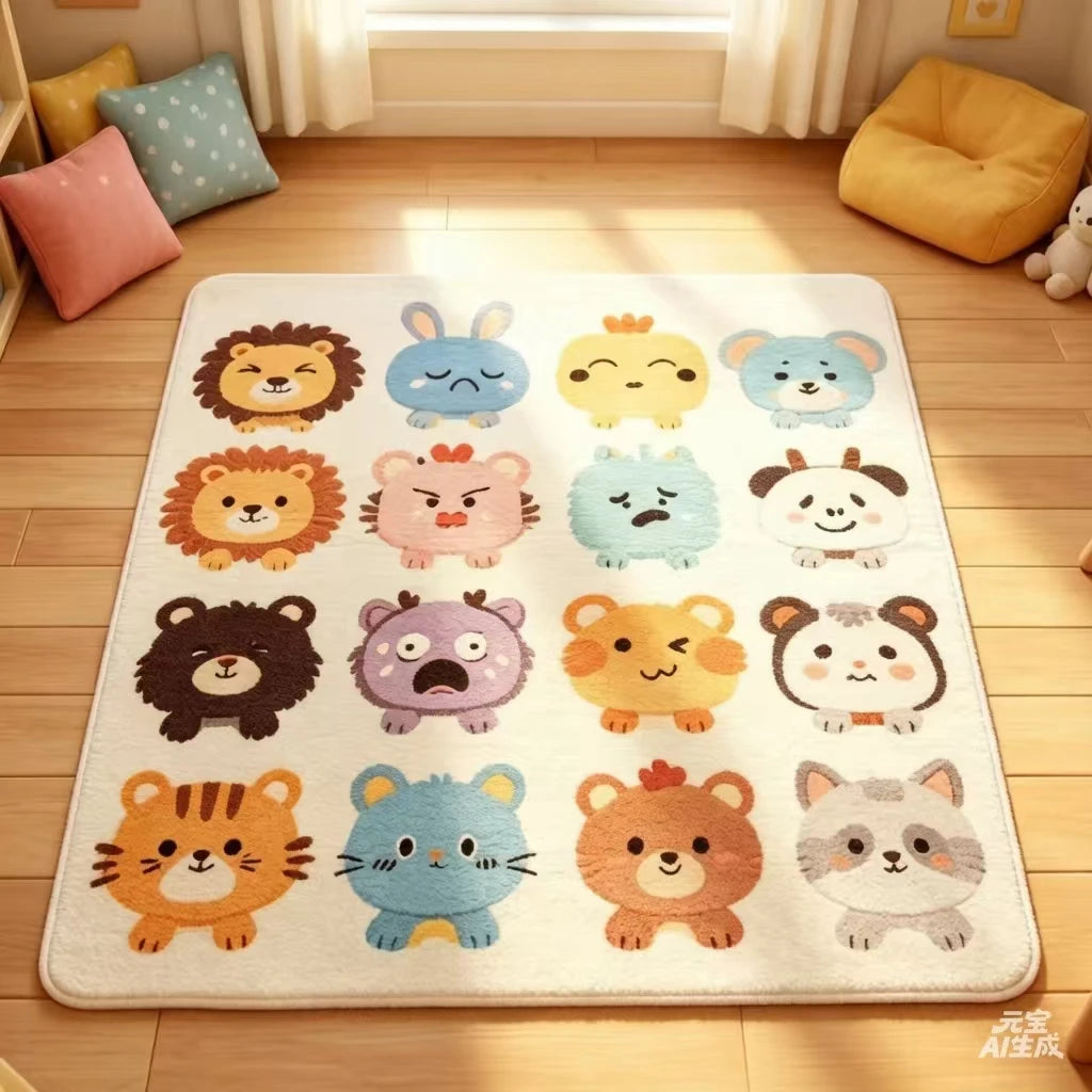 tapis enfant peluche doux motif animaux chambre salon décoration maison gris beige bleu orange