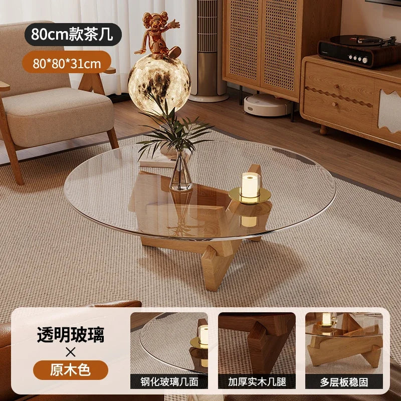 table basse moderne transparente bois marron clair plateau 70cm hauteur 31cm minimalistes