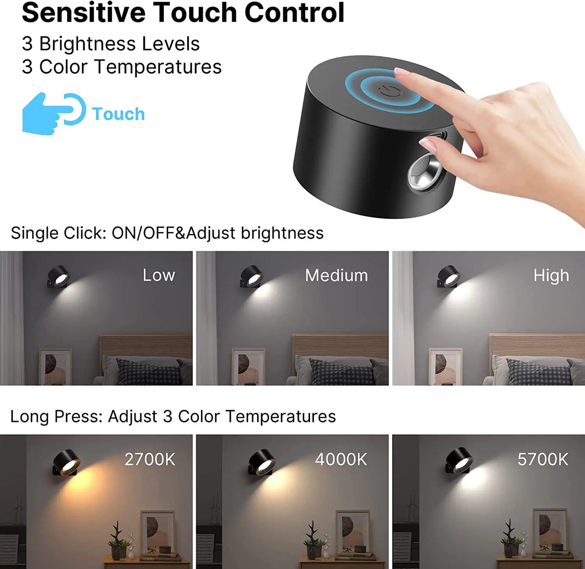lampes murales led noir moderne minimaliste modes couleur télécommande rechargeable tactile