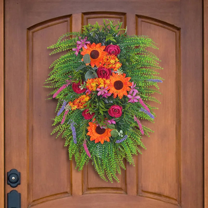 couronne fleurs artificielles naturelle verte orange rose violet décorative intérieur festive automne chaleureuse rustique