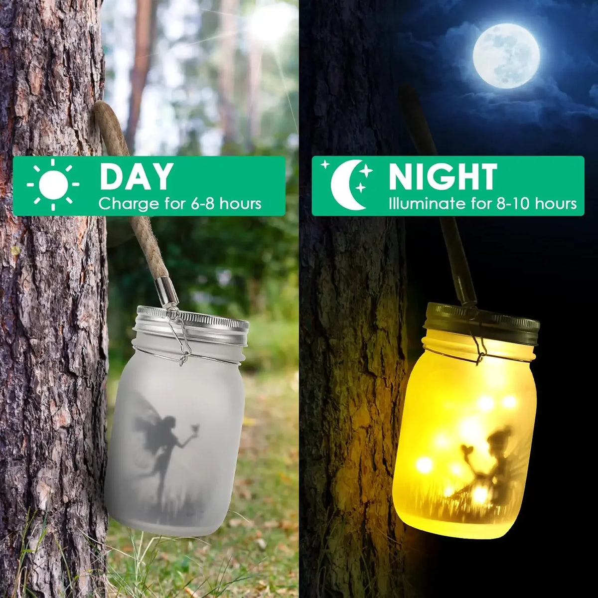 lampe solaire suspendue transparente feécale silhouette moderne jardin patio bocal verre led anneau corde