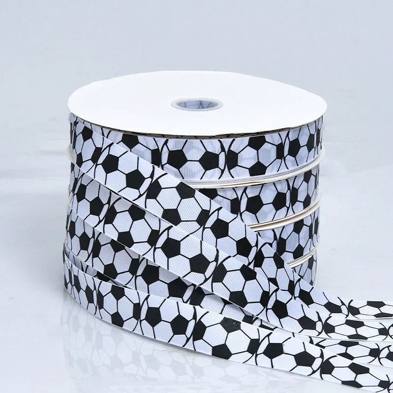 ruban gros grain polyester largeur football motif sportif blanc noir décoration fête mariage artisanat