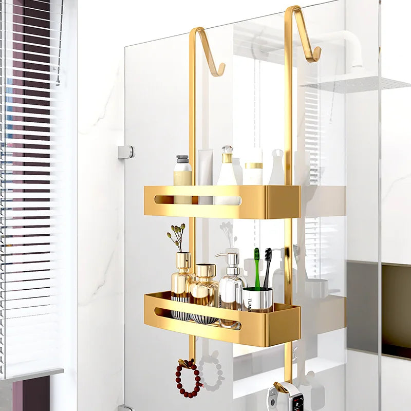 étagère salle bain or moderne adhésive métal aluminium lisse cosmétique brosses bouteilles